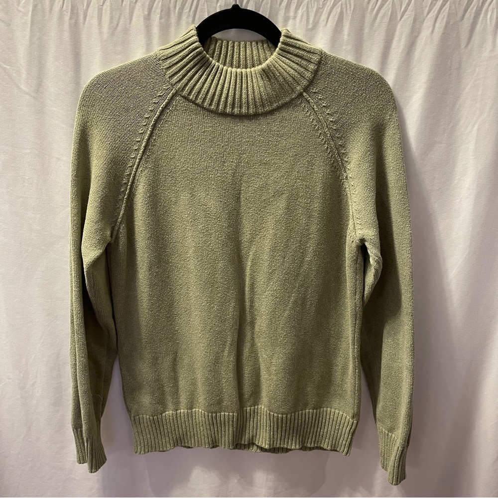 Jeanne Pierre 100% Cotton‎ Mock Neck Sage Sweater Large Knit Minimalist Mature